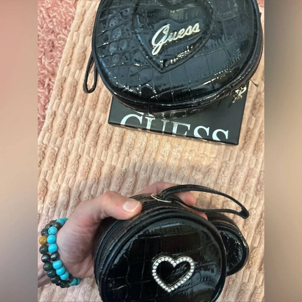 Vintage GUESS Black Patton leather cosmetic nesting bags - travel pouches - NWOT